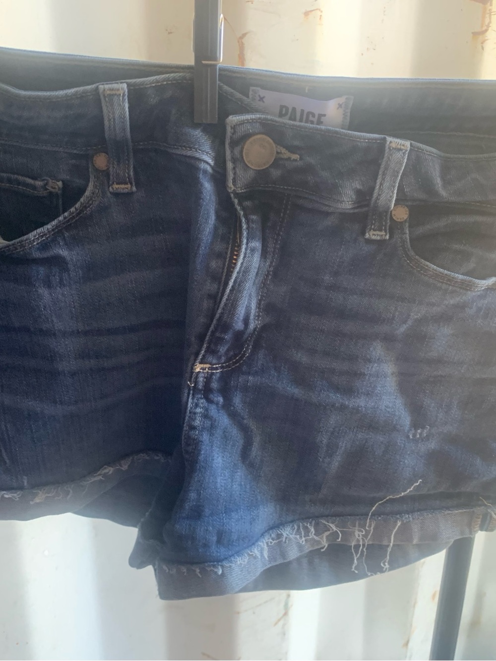 PAIGE Dark Blue Distressed Denim Jean Shorts